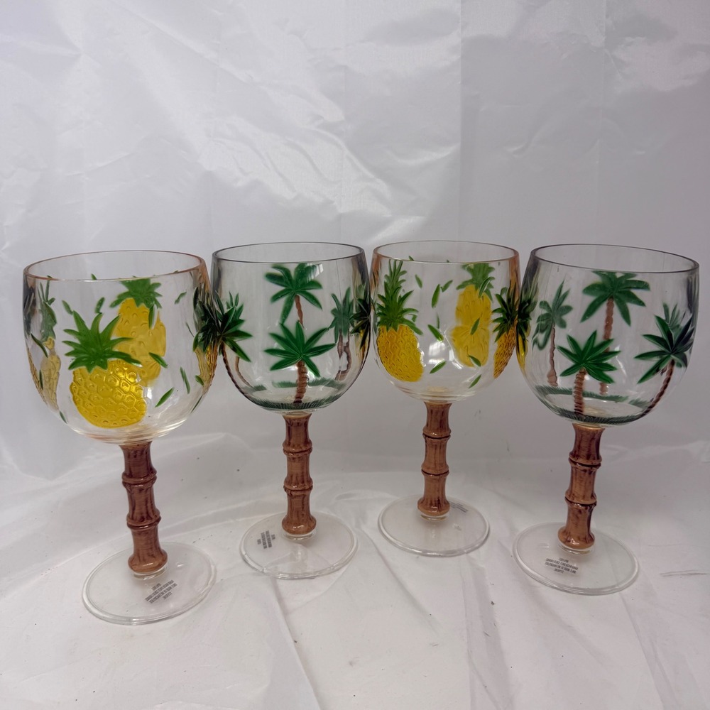 Set of 4 Tropical Pineapple Palm Tree Wine Glasses with Faux Bamboo Stems